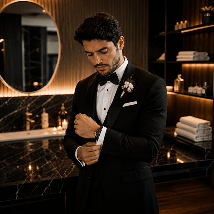 Homem de terno com flor no peito em ambiente premium