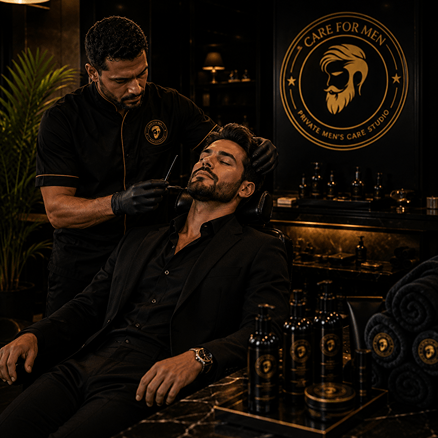 Homem de terno na cadeira recebendo acabamento na barba