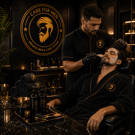 Homem na cadeira recebendo tratamento facial