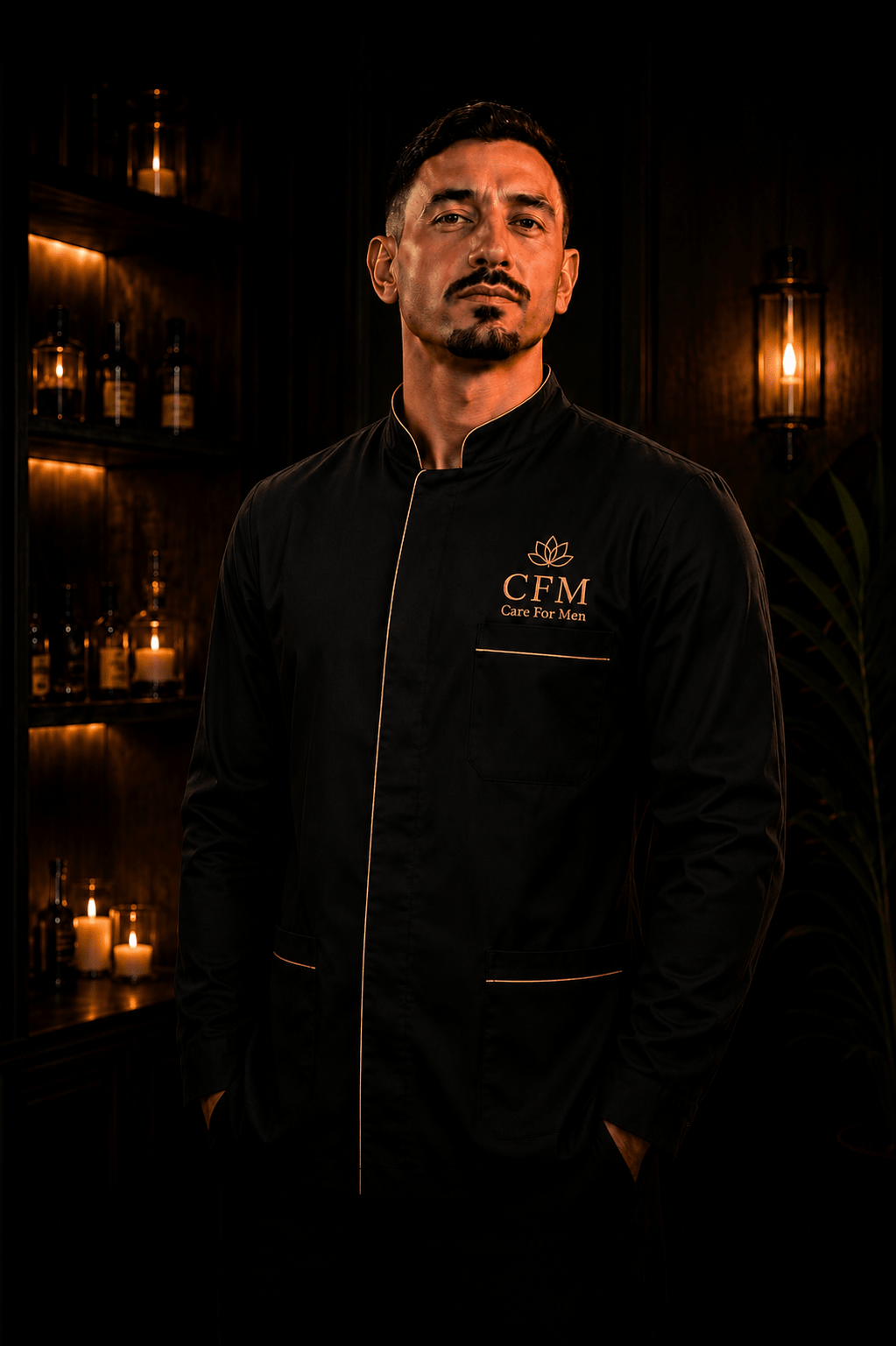 Massoterapeuta Galego em uniforme preto premium Care For Men