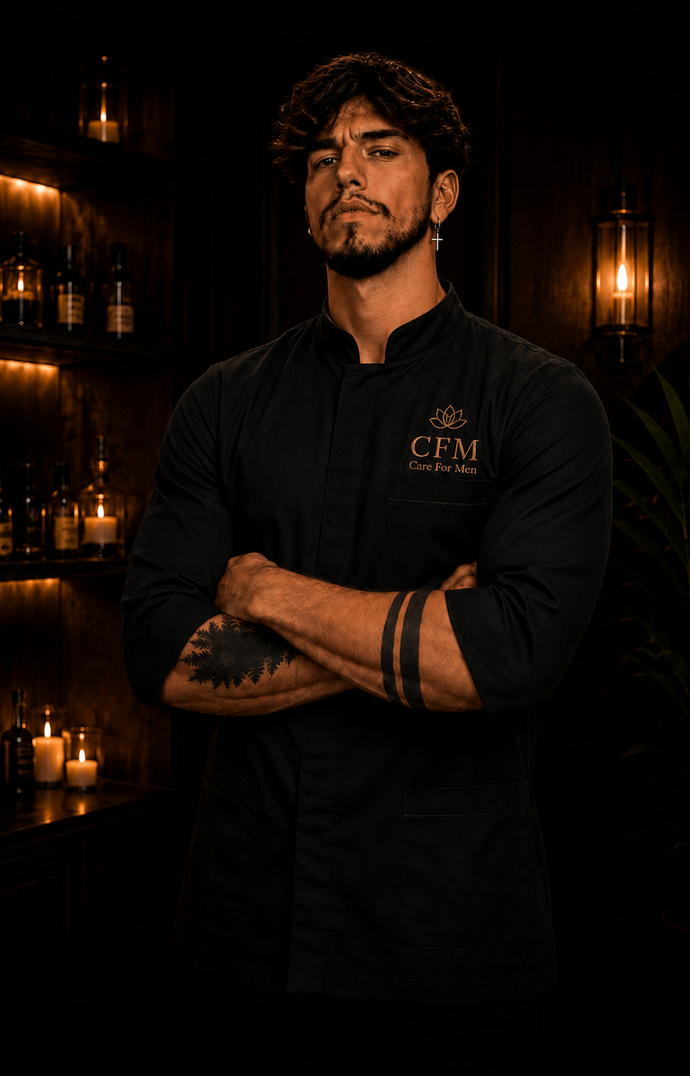 Massoterapeuta Jony em uniforme preto premium Care For Men