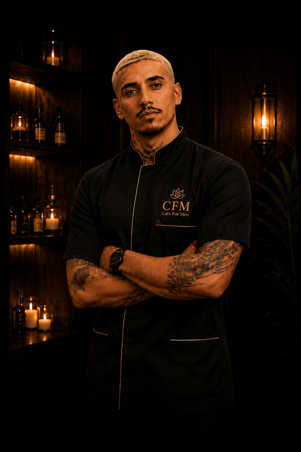 Massoterapeuta Jorge em uniforme preto premium Care For Men