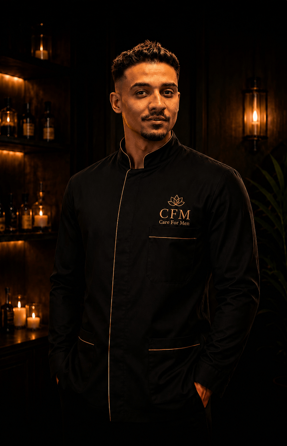 Massoterapeuta Kaliu em uniforme preto premium Care For Men