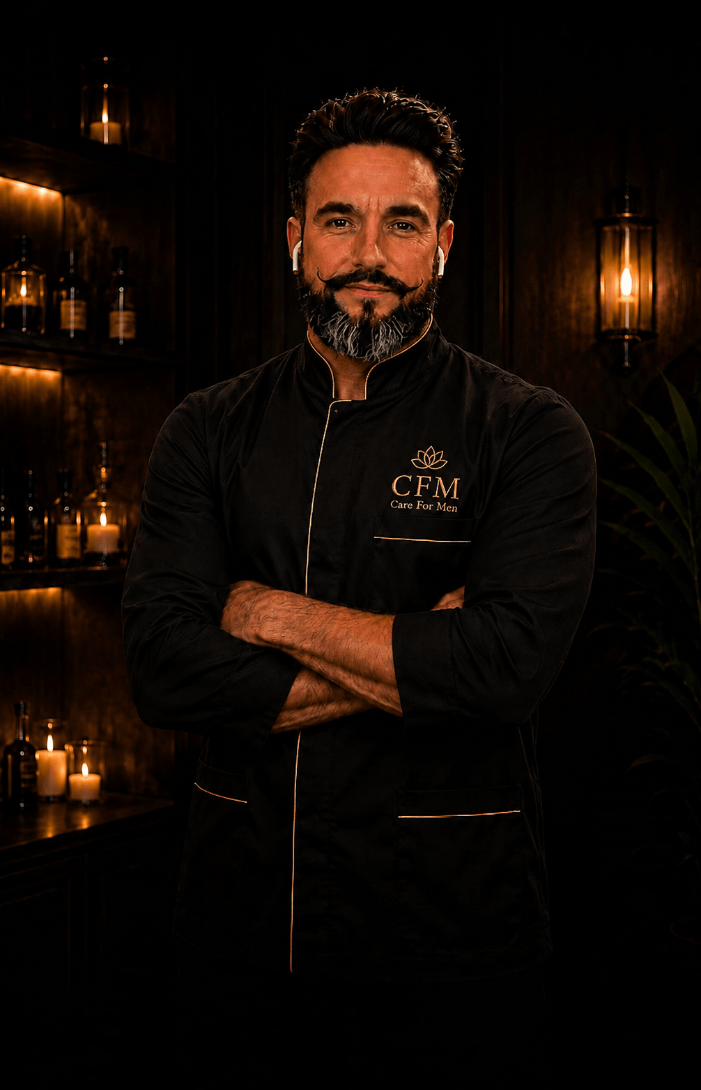 Massoterapeuta Rick em uniforme preto premium Care For Men