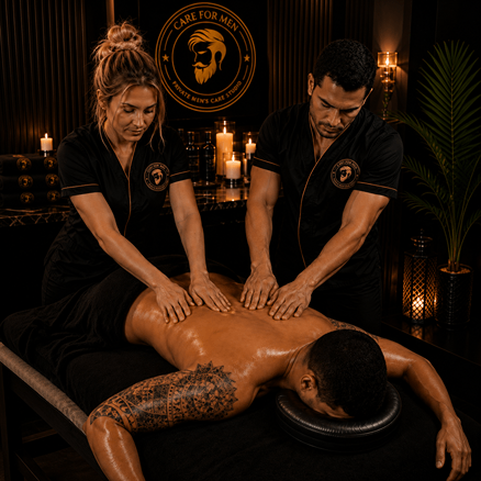 Homem e mulher aplicando massagem 4 mãos