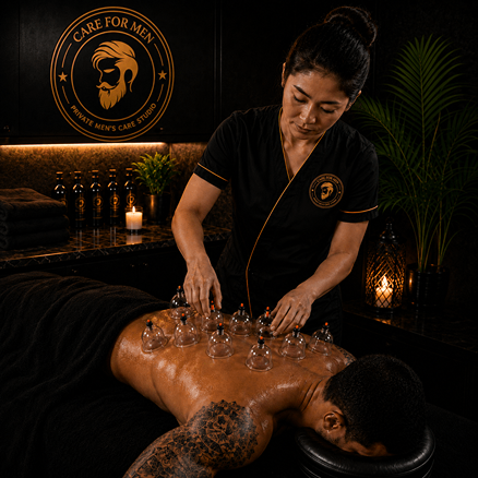 Mulher aplicando ventosoterapia nas costas de homem